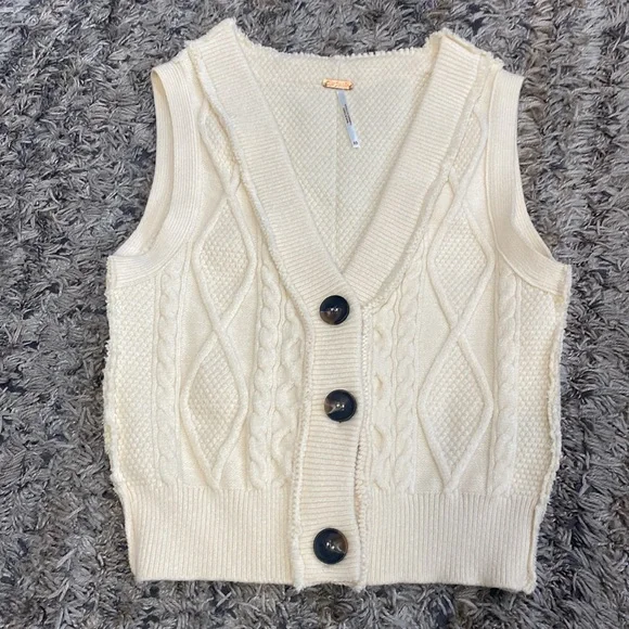FREE PEOPLE Denson Cream Cable Knit Button-Up sweater vest OB1271731 sz XS - Picture 3 of 9